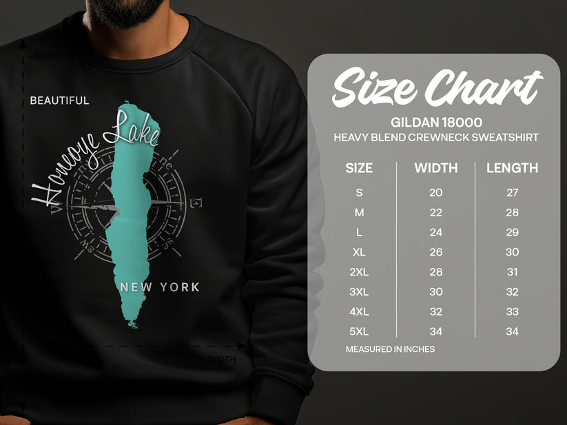Honeoye Lake map graphic on a dark sweatshirt, with size chart.