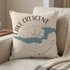 Pillow with "Lake Crescent Washington" text and map outline on a compass rose.