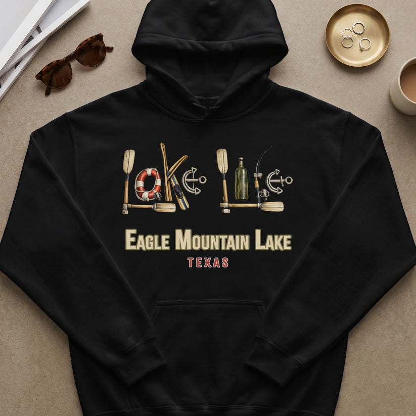 Black hoodie with "Lake Eagle Mountain Texas" text and outdoor graphics.