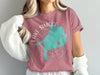 Pink t-shirt with turquoise Lake Simcoe map and compass graphic.