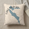 Cream pillow with blue Lake Merced map graphic and "Lake Merced California" text.