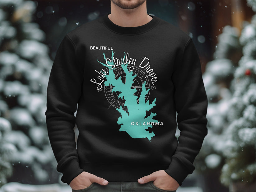 Black sweatshirt with Lake Stanley Draper Oklahoma map design.