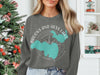 Grey sweatshirt with Brooks and Hess Lake Michigan map and compass graphic.