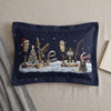 Dark blue pillowcase with a festive winter fishing scene including a bear, Christmas tree, and lights.