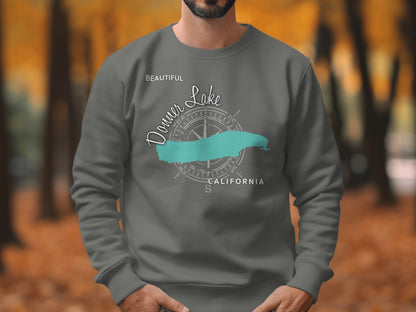 Gray sweatshirt with "Beautiful Donner Lake California" text and compass graphic.