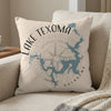Pillow with Lake Texoma Oklahoma map and compass graphic.