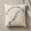 Tan pillow with blue Tenkiller Ferry Lake map design and compass rose.