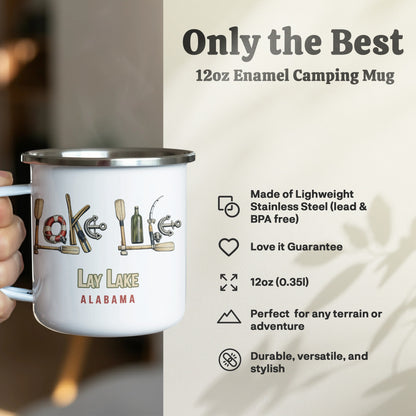 12oz enamel camping mug with "Lay Lake Alabama" design.