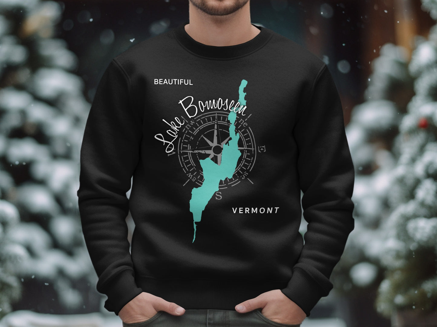 Black sweatshirt with Lake Bomoseen Vermont map and compass design.
