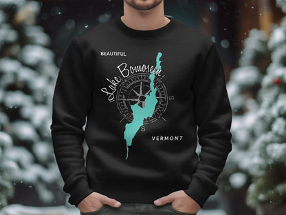 Black sweatshirt with Lake Bomoseen Vermont map and compass design.