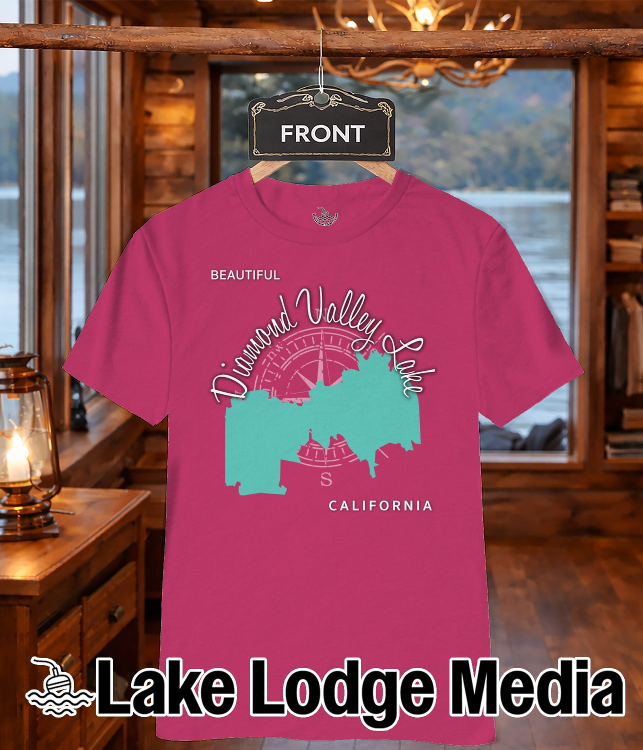 Pink t-shirt with "Diamond Valley Lake California" graphic and "Lake Lodge Media" logo.