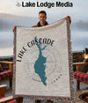 Woven blanket with Lake Cascade, Idaho map design and compass rose.