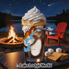 Iced coffee with whipped cream, marshmallow, graham crackers, and chocolate by campfire.