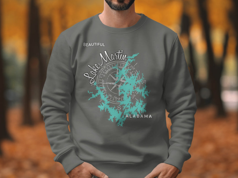 Crewneck sweatshirt with a compass rose map of Lake Martin, Alabama graphic.