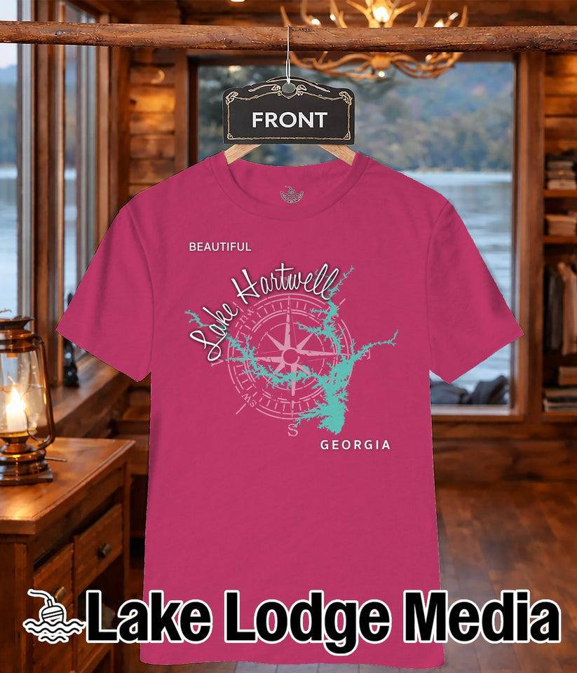 Pink t-shirt with "Lake Hartwell Georgia" and compass design.