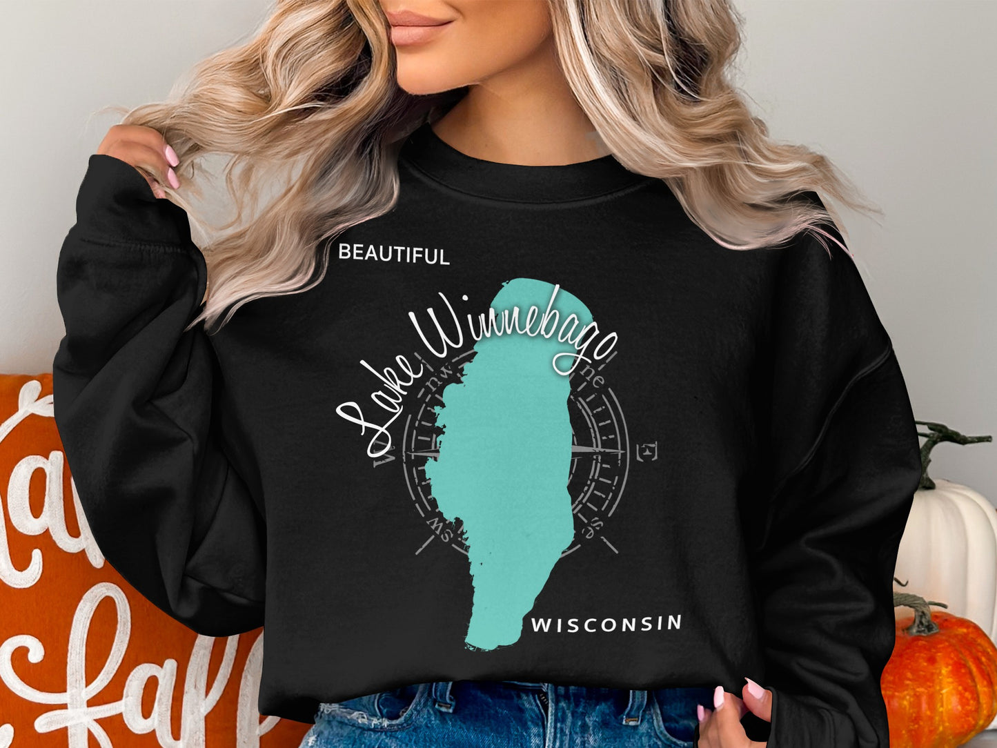 Black sweatshirt with Lake Winnebago, Wisconsin map and compass graphic.