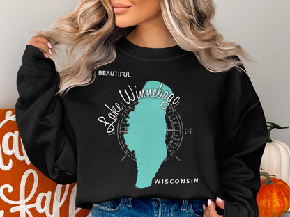 Black sweatshirt with Lake Winnebago, Wisconsin map and compass graphic.