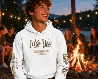 Bankhead Lake Alabama hoodie with nautical graphics and friends around a campfire.