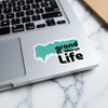 Sticker with teal map outline and text "grand St. Marys Life".