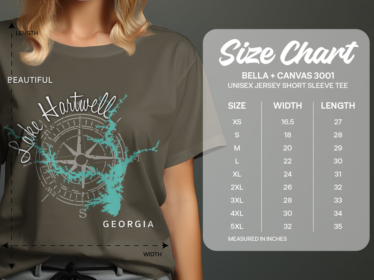 Bella + Canvas 3001 t-shirt size chart with Lake Hartwell graphic.