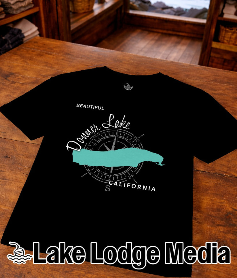 Black t-shirt with "Donner Lake California" and compass graphic.
