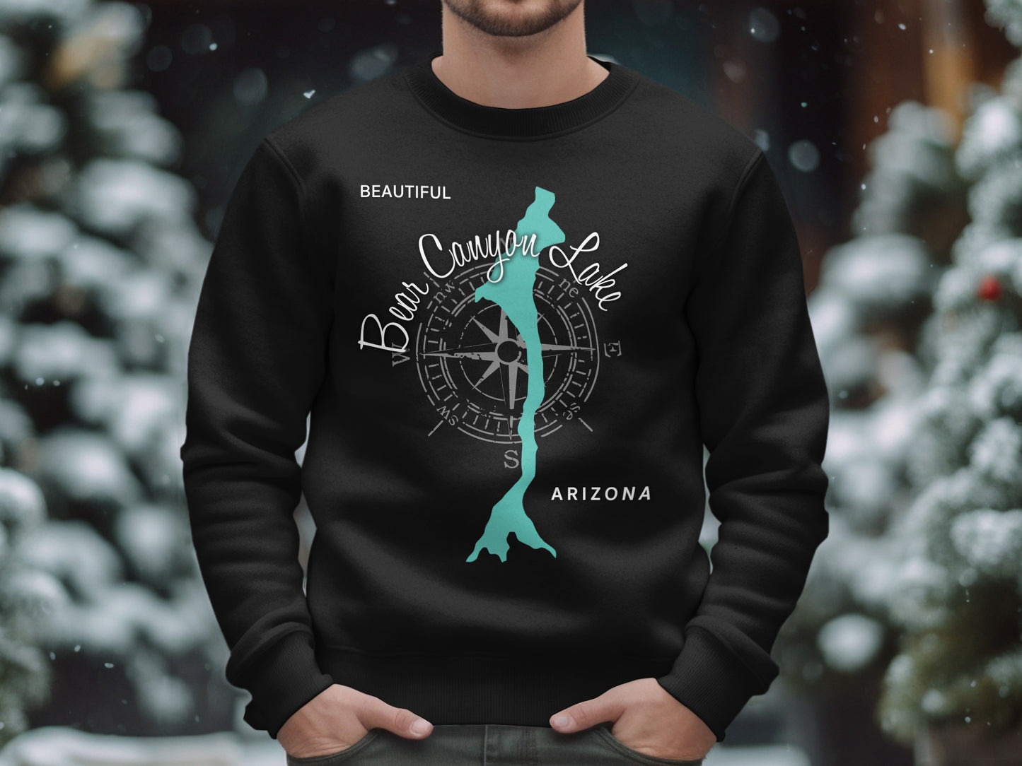 Black sweatshirt with a teal map of Bear Canyon Lake, Arizona and compass graphic.
