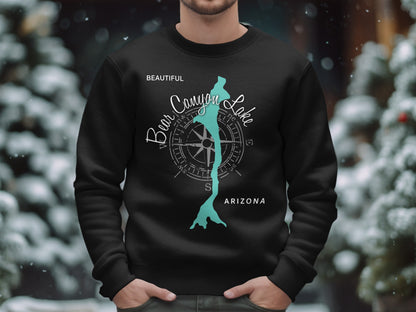 Black sweatshirt with a teal map of Bear Canyon Lake, Arizona and compass graphic.