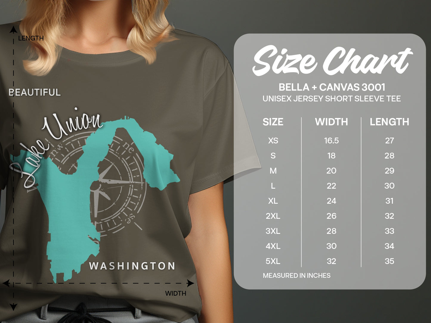 T-shirt size chart for Bella + Canvas 3001 unisex short sleeve tee.