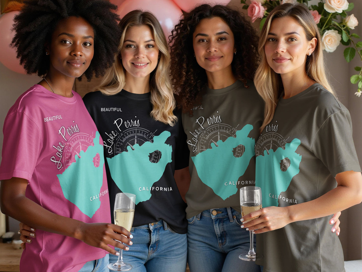 Four women in t-shirts with Lake Perris California map graphic.