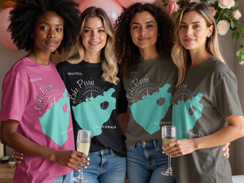 Four women in t-shirts with Lake Perris California map graphic.