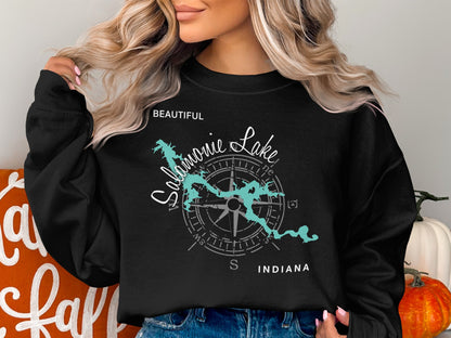 Black sweatshirt with map of Salamonie Lake, Indiana, and compass rose design.