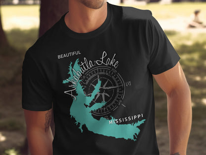 Black t-shirt with teal Arkabutla Lake Mississippi map and compass graphic.