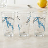 Three clear glasses with blue Lake Glenville map and compass design.