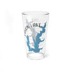 Clear glass pint glass with blue map of Lake Lavon, Texas design and compass.