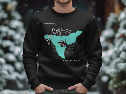 Black sweatshirt with a teal map outline and "Lake Cuyamaca California" text.