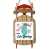 Wooden sled ornament featuring the words "Merry Christmas from Lake Winnebago" and a teal map.