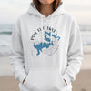 White hoodie featuring a blue map of Pine Flat Lake, California, with a compass graphic.