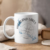 White mug with "Highland Lakes" text, compass rose, and Texas lake outline.