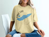 Light yellow t-shirt with blue Lake Erie map and compass design.