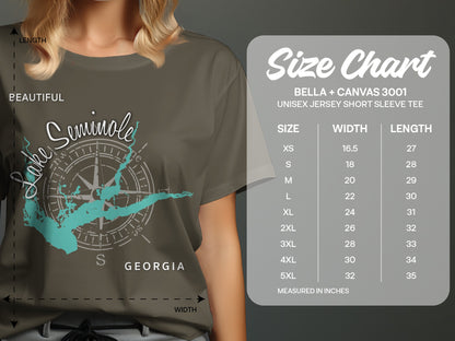 T-shirt with Lake Seminole, Georgia graphic and Bella+Canvas size chart.