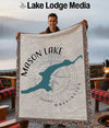Woven blanket with "Mason Lake Washington" text and lake silhouette.