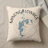 Cream pillow with blue Minong Flowage map and "Minong Flowage Wisconsin" text.