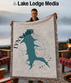 Woven blanket featuring a teal Lynx Lake outline with "LYNX LAKE ARIZONA" text.