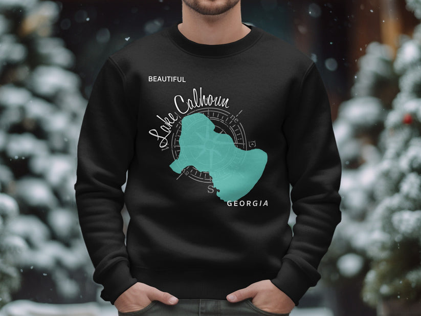 Black sweatshirt with teal Lake Calhoun map and compass design.