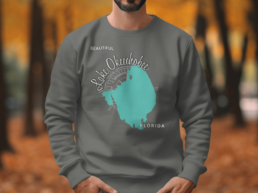 Gray sweatshirt with Lake Okeechobee map and compass design.