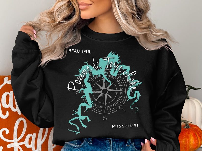 Black sweatshirt with "Pond de Terre Lakes" map and compass design.
