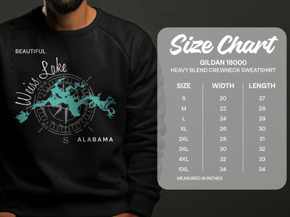 Sweatshirt size chart for Gildan 18000 heavy blend crewneck, Weiss Lake Alabama graphic.