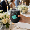 Black tumbler with a teal map of Timothy Lake, Oregon and a compass rose.