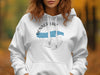 White hoodie with "Donner Lake California" and compass graphic.