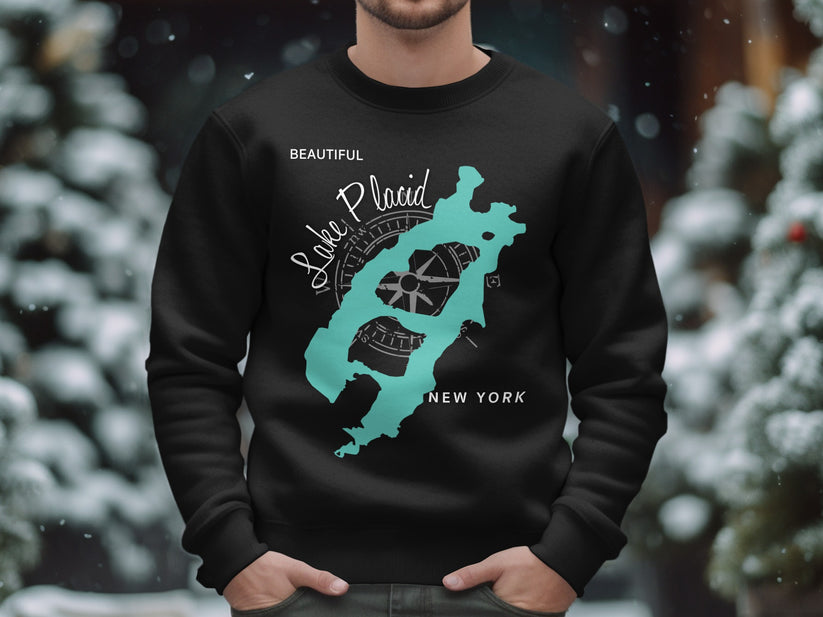 Black crewneck sweatshirt with a turquoise outline map of Lake Placid, NY.
